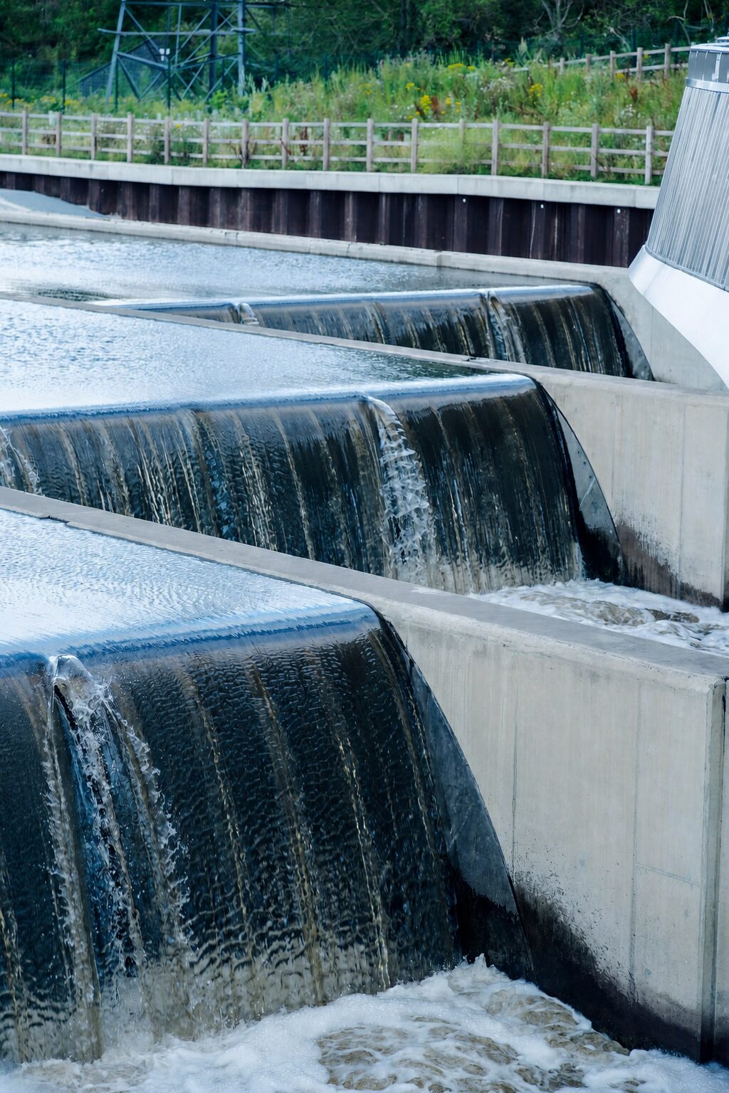 Treated effluent cascading over aeration weirs to reoxygenate water after biological nitrification at a wastewater treatment plant